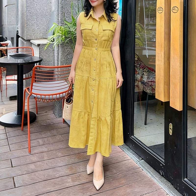 ZANZEA Women Casual Turn Down Collar Loose Sleeveless Dress S жёлтый