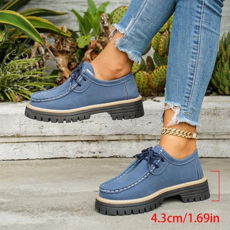 Women's Block Heel Non Slip Lace Up Leather Shoes Spring Autumn Solid Color British Style Loafers
