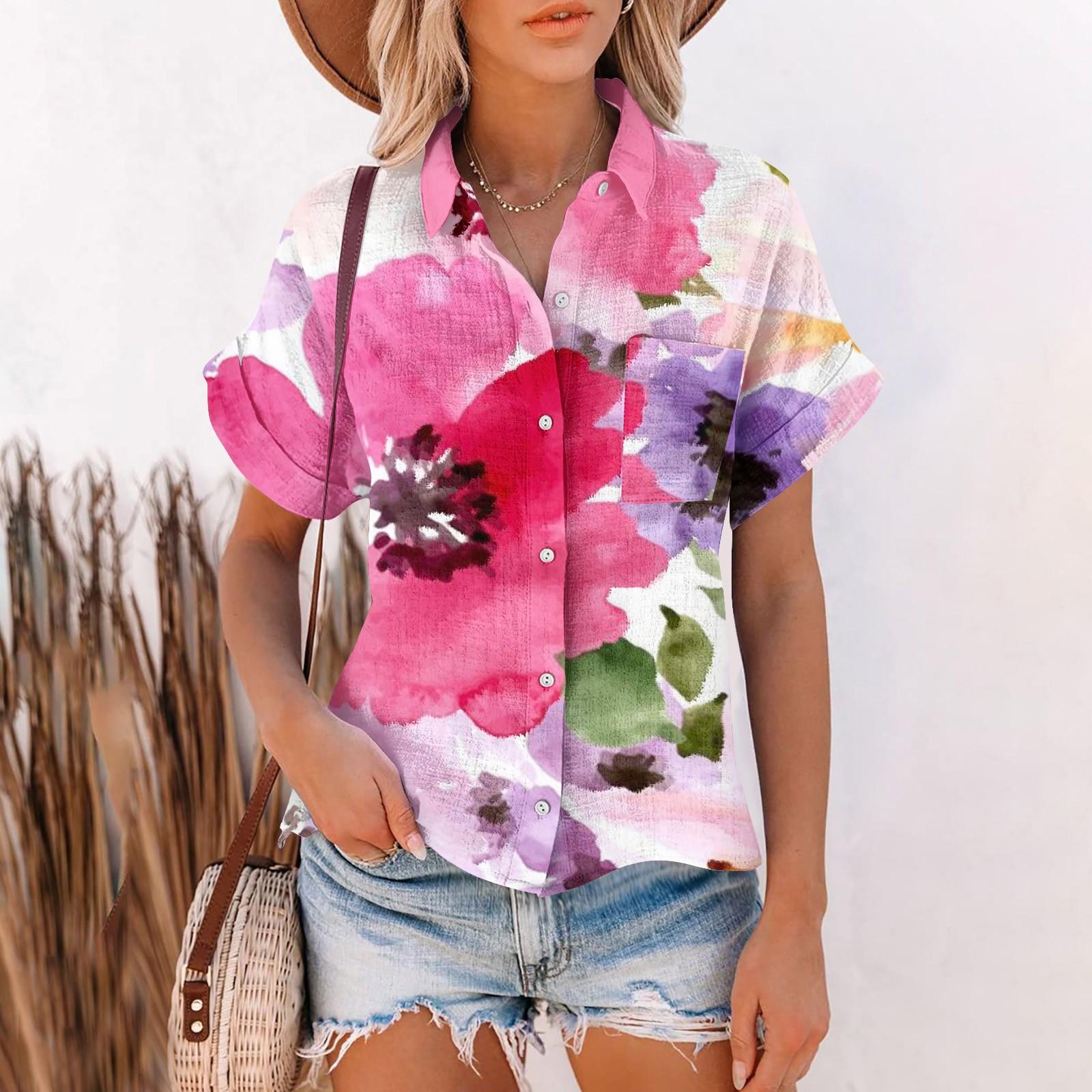 

Женская повседневная модная хлопково-льняная полосатая женская рубашка с коротким рукавом с принтом S розовый