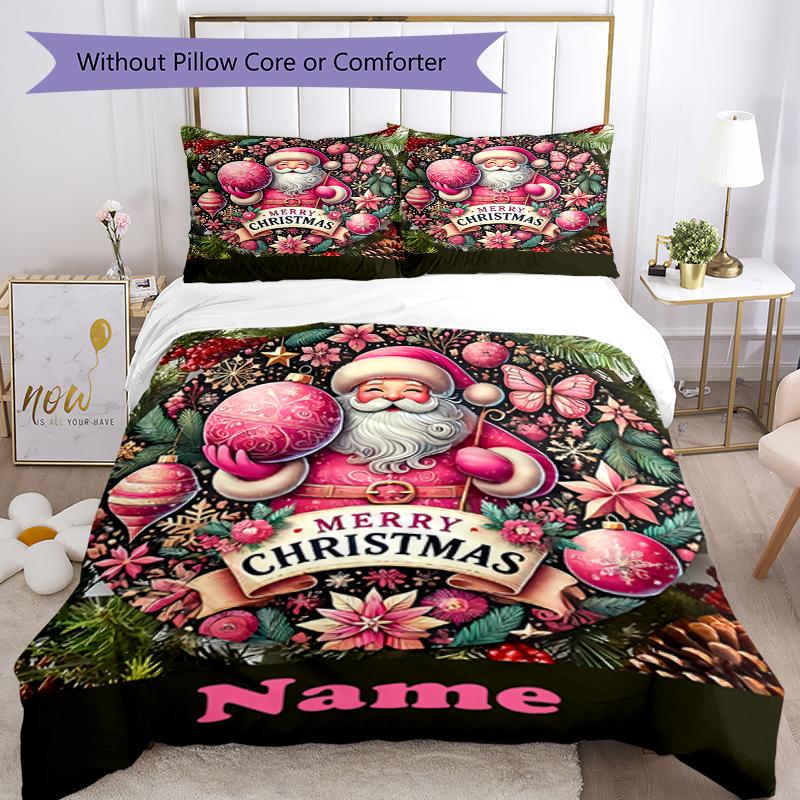 3pcs Custom Name Christmas Santa Claus Bedding Set Duvet Cover Closure Includes 1 Duvet Cover & 2 Pillowcases, Soft and Comfortable for All Seasons.