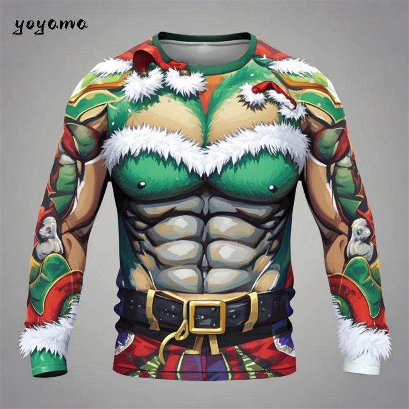 Zabawne brzydkie koszulki z nadrukiem 3D z fałszywymi mięśniami Świętego Mikołaja Xmas Męskie Damskie Koszulki z długim rękawem Moda Oversize Świąteczna odzież męska
