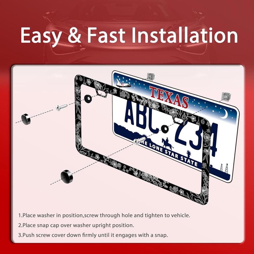 Line Art Flowers License Plate Frame Beautiful Floral License Plate Frames Funny Stainless Steel Accessories Cars Decor With 2 Holes And Screws Fits
