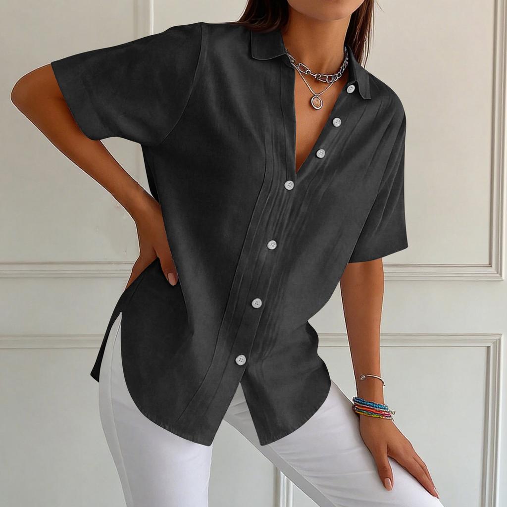 Chemise à manches courtes boutonnée et col pour femme -couleur