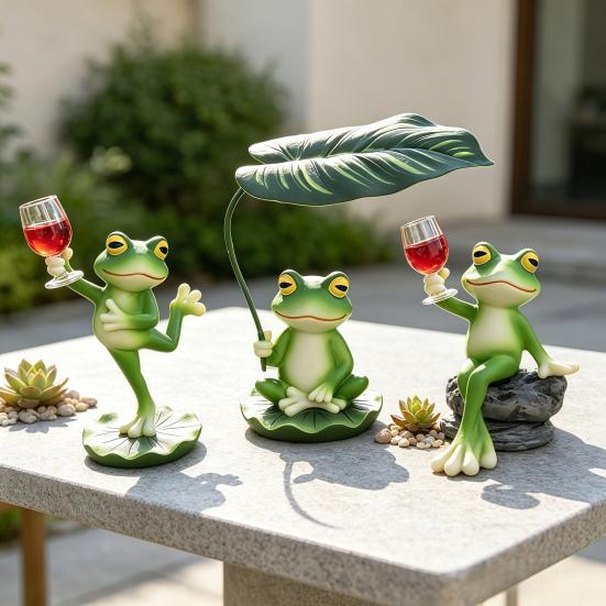 Wetterfeste Outdoor-Tierkunst Lustige Frosch Harzfigur, Neuheit Sitzende Tanzende Skulptur mit Dekorativen Handarbeiten für Terrasse Lotusblatt/Wein