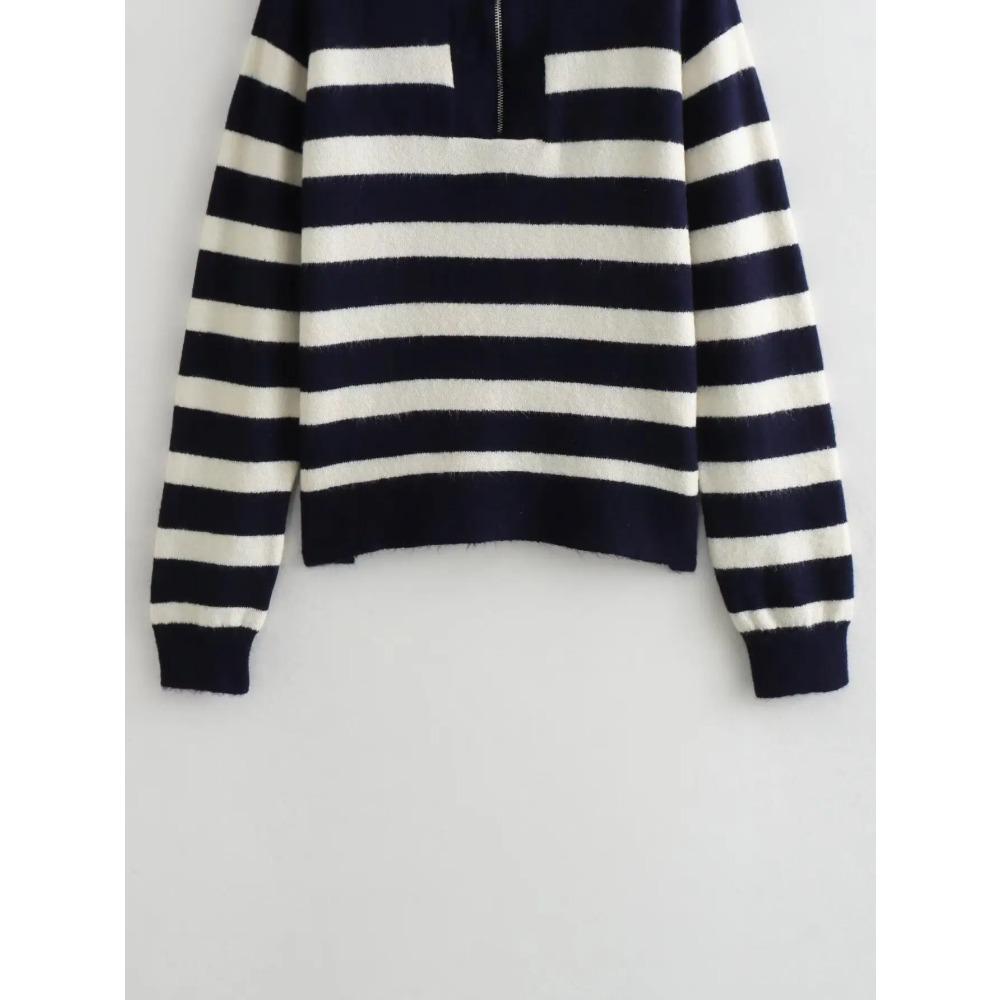 Autumn Winter Fashion Striped Zippered Lapel Long Sleeve Loose Casual Knitted Sweater for Women