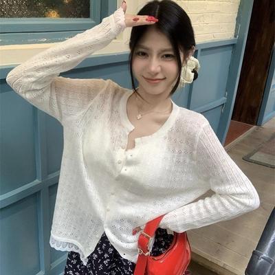 Nový podzimní tenký pletený top s dlouhým rukávem s ochranou proti slunci, s dutým vzorem, pro dámský kardigan