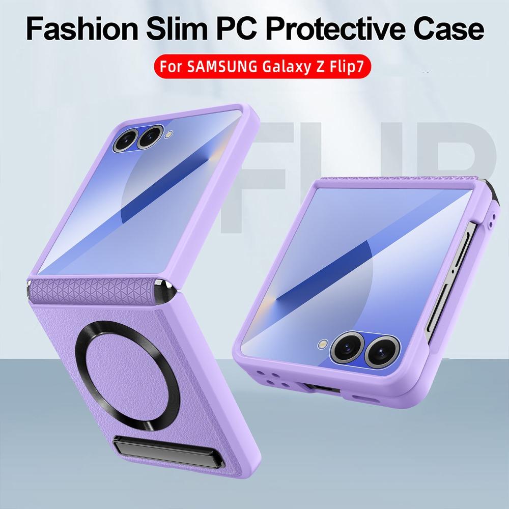 Magnetic Wireless Charging Kickstand Phone Case for Samsung Galaxy Z Flip7 FE Flip 7 6 5 Hinge Protect Glass Film Leather Cover