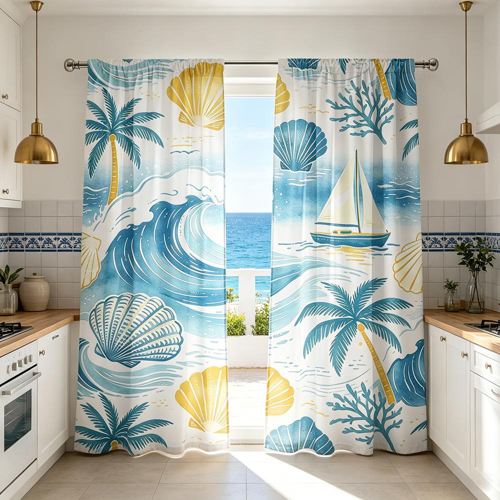 2PCS Ocean Wave Shell Curtains, Coastal Beach Print, Nautical Window Drapes for Living Room Bedroom Bathroom Decor