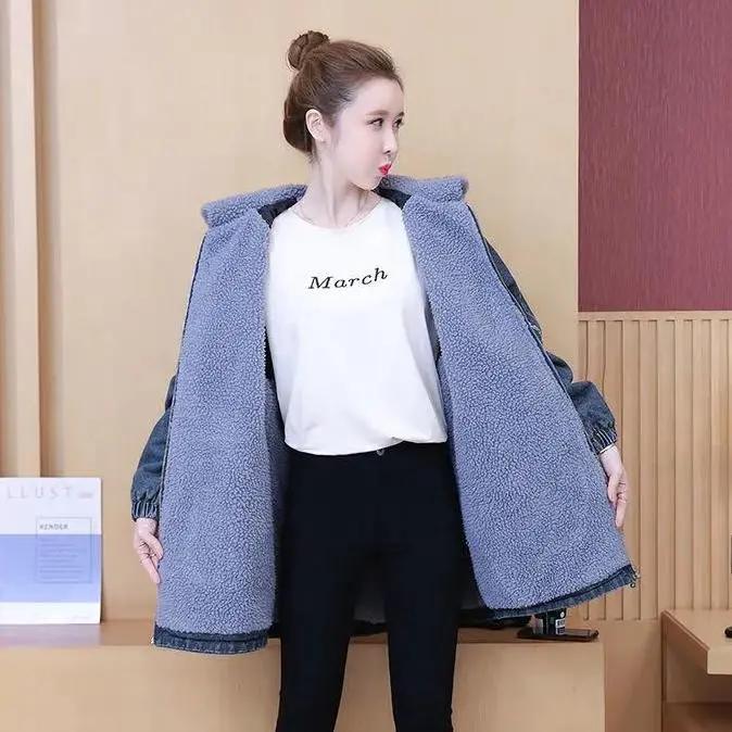 Women's Fall and Winter Plus Size Padded Warm Denim Jacket Ladies Medium-length Slim Hooded Outerwear