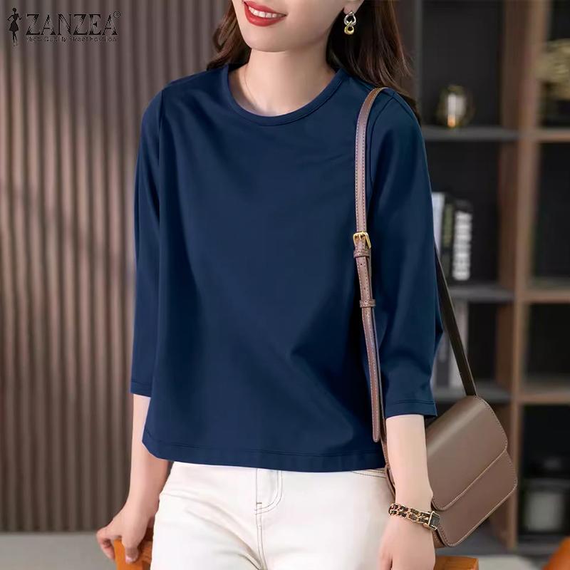 

ZAZNEA Женская повседневная однотонная свободная прямая блузка с круглым вырезом и рукавами 3/4 3XL белый