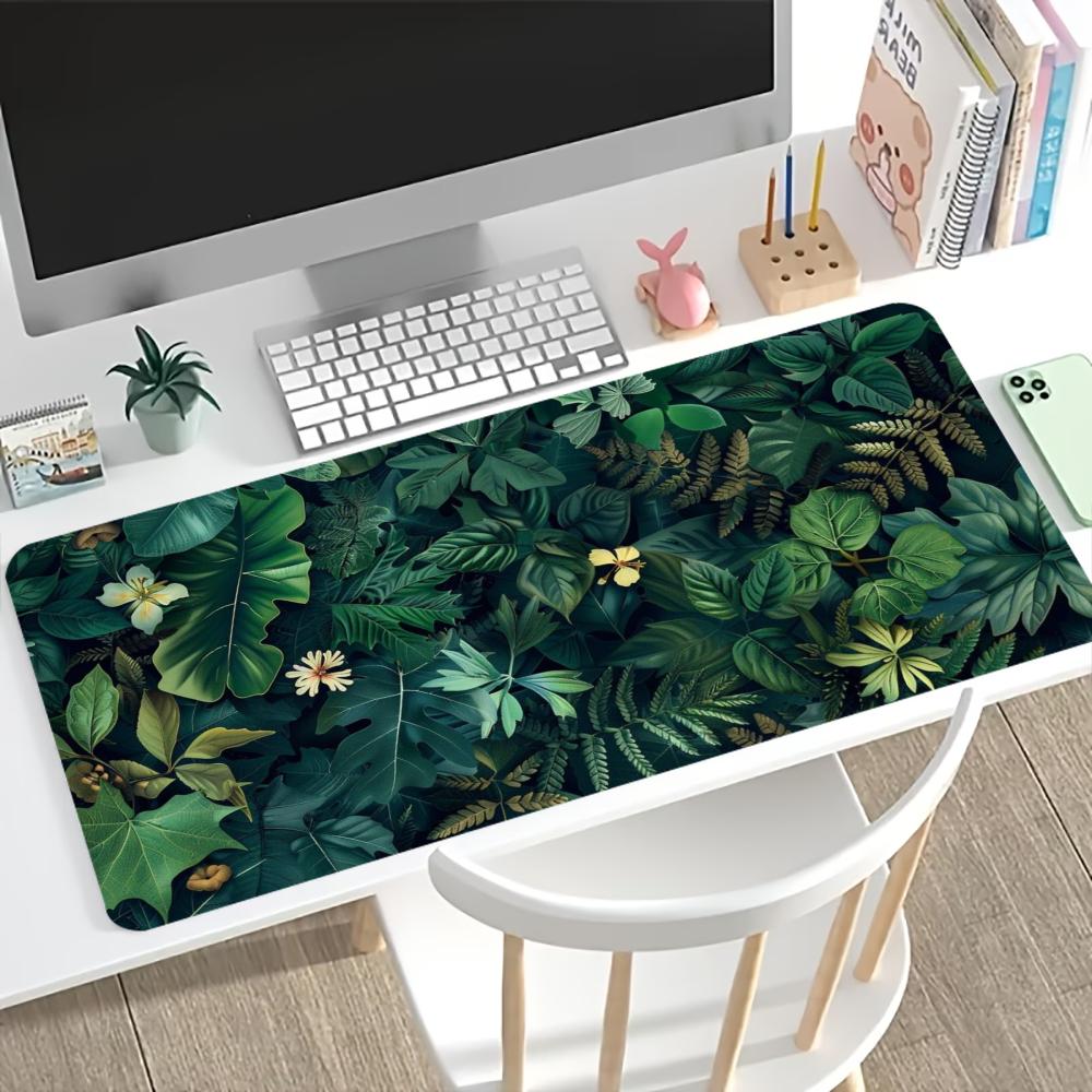 Non Slip Rubber Keyboard Desk Mat Tropical Golden Green Leaves Large Extended Gaming Mouse Pad Smooth Surface For Laptop