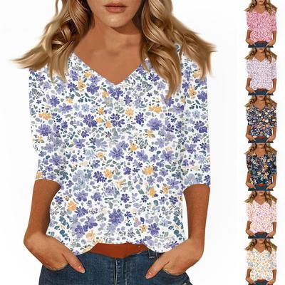 Women's Tops Three-quarter Sleeve Shirt V-neck Loose Casual Shirt Print T-shirt