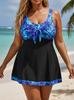 Zweiteiliger Badeanzug in Übergröße, Europäischer & Amerikanischer Stil: Blauer Tankini mit Blattdruck, Schwimmrock und Patchwork-Badehose