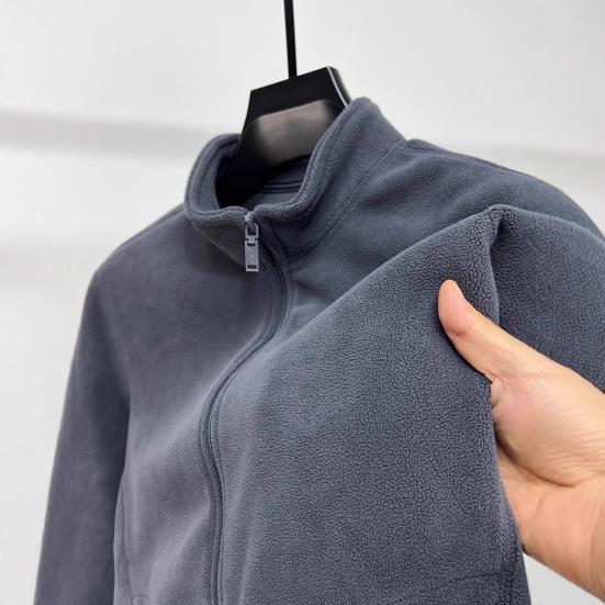 Men Coat Stand-Up Collar Long Sleeve Zipper Closure Polar Fleece Jacket