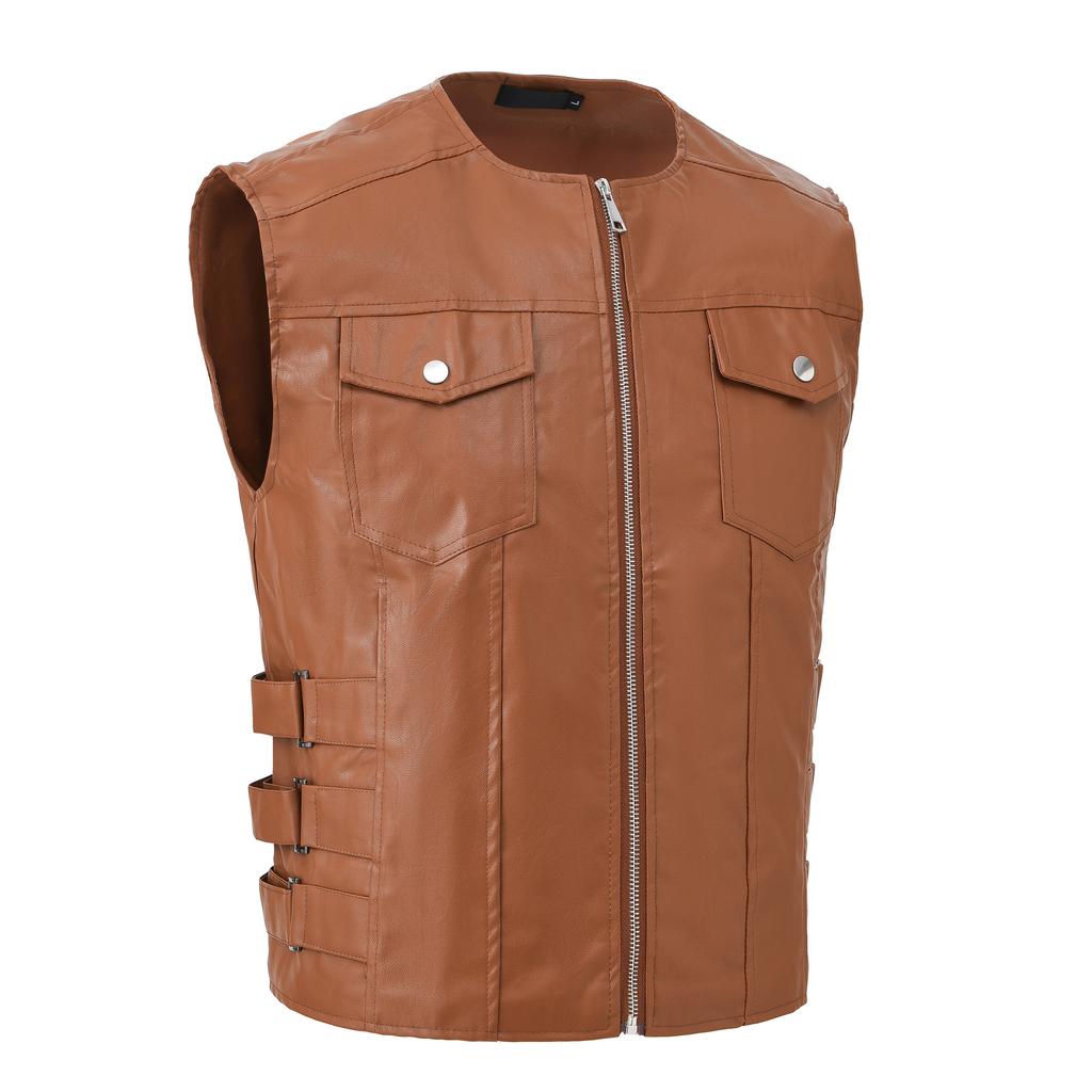 Men's Casual Imitation Leather Vest Spring and Autumn Cross-border Korean Version of Fashion Trend Single-breasted Jacket Vest Men's
