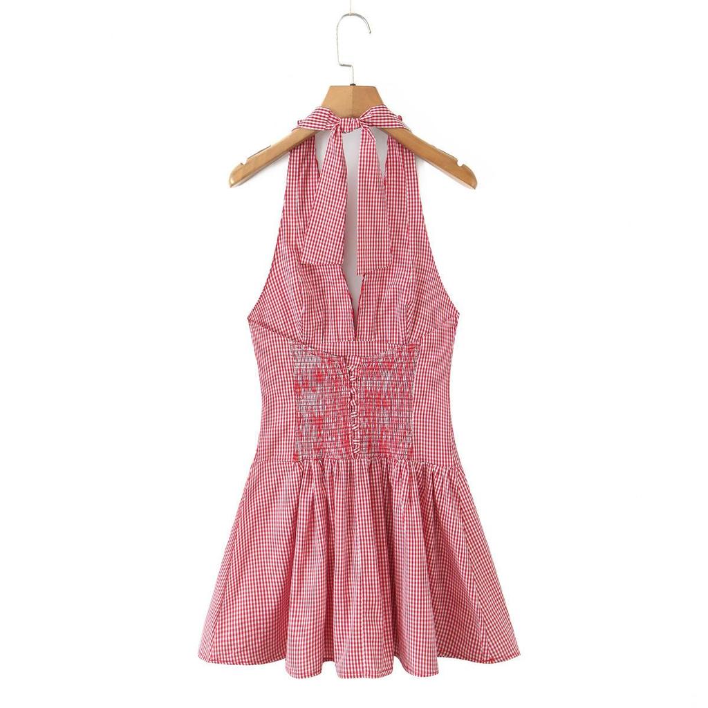 2026 Sweet Plaid Yarn-Dyed Halter V-Neck Mini Dress with Sexy Open Back