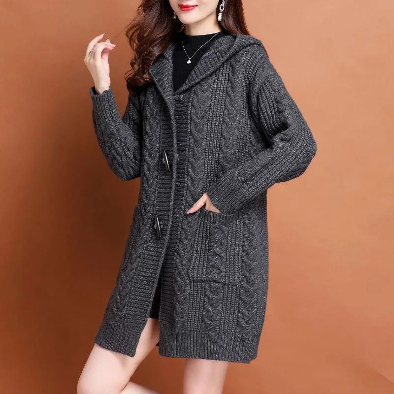 Women Spring Autumn Hooded Cardigan Sweater Jacket Ladies Mid Length Sweater Casual Knitted Overcoat