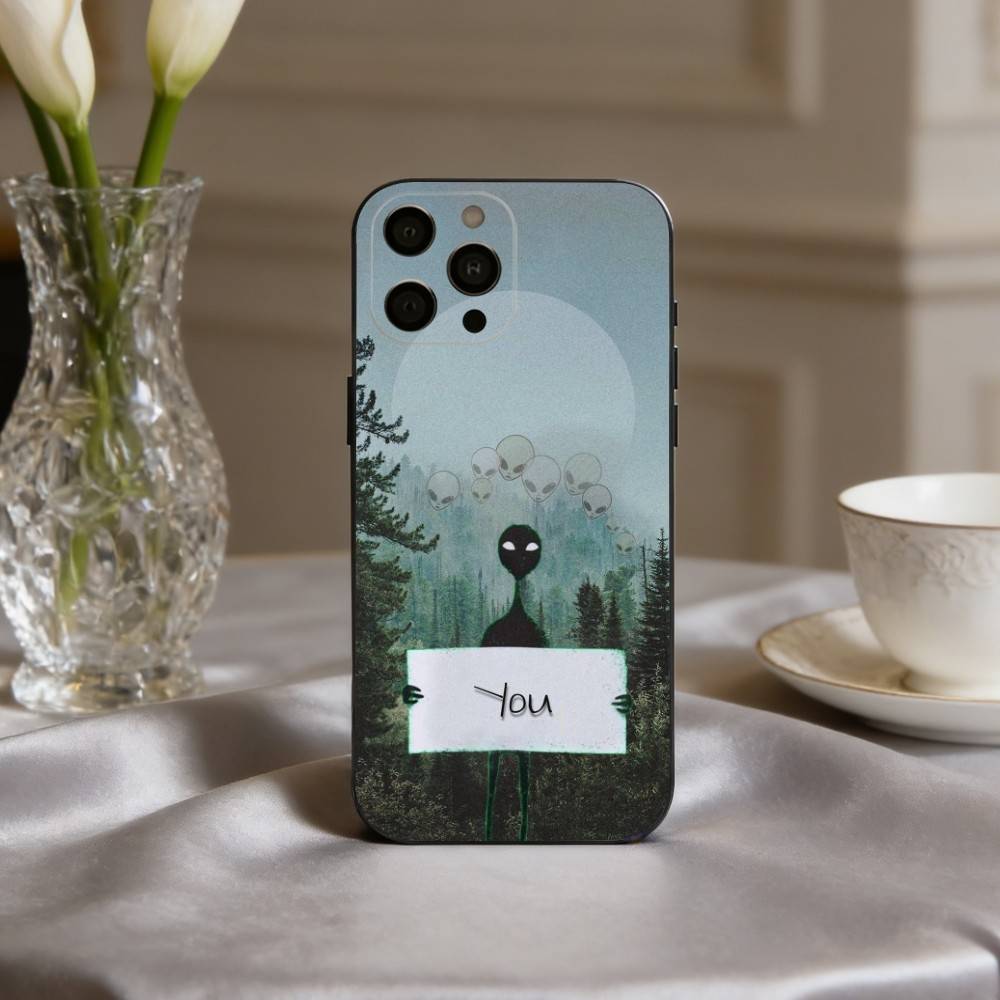 

Funny S-Space UFO A-Alien T-Thing Phone Case For iPhone 17,16,15,14,13,12,11 Plus,Pro Max,XS,Soft Silicone Black Cover iPhone14