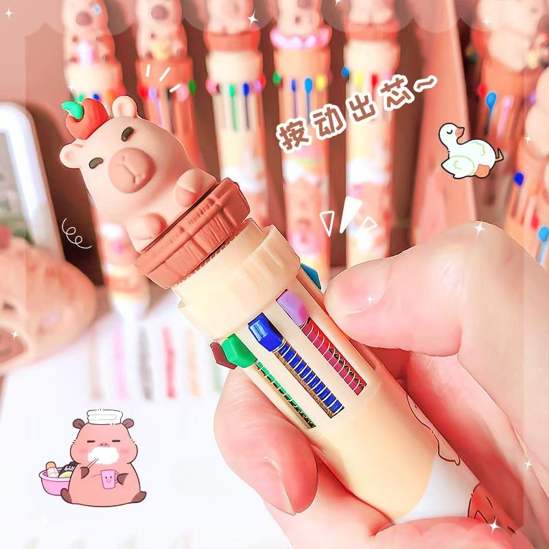 6Pcs Cute Capybara Retractable Ballpoint Pen Set Cartoon Multicolor Pens Kawaii School Office Stationery Drawing Gift