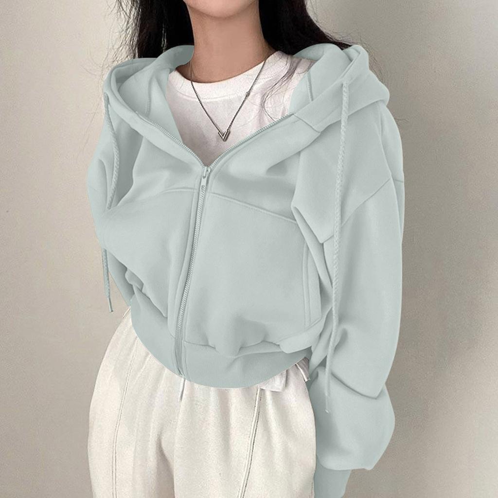 Hanorac cu glugă pentru femei, lejer, casual, culoare solidă, cu fermoar, culoare solidă