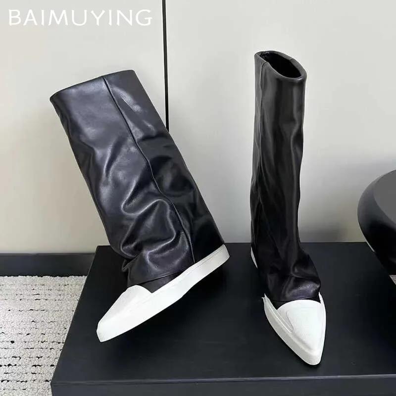 Women High Boots Flats Pointed Toe Leather Shoes 2024 Trend Winter Brand Ankle Boots Women Knee High Motorcycle Botas De Mujer