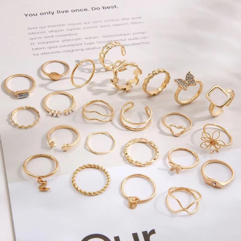 Vintage Hollow-out Ring Luxury Butterfly Flower Ring Star Simple Jewelry Accessories Ring Love Women Party Versatile 23 Pieces Set Ring