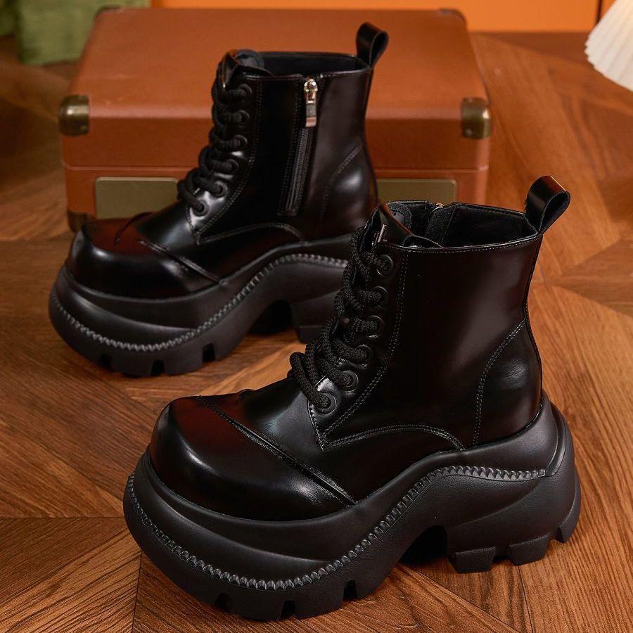 Black big-headed Martin boots for women's British style 2025 autumn new thick-soled heightened versatile huge good-looking knight short boots