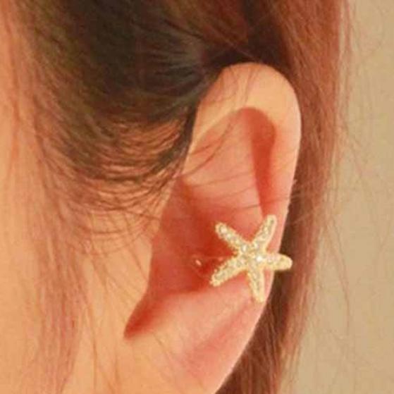 1 Piece Glitter Rhinestone Decor Cute Starfish Pattern Ear Stud Clip Cuff Earring Gift