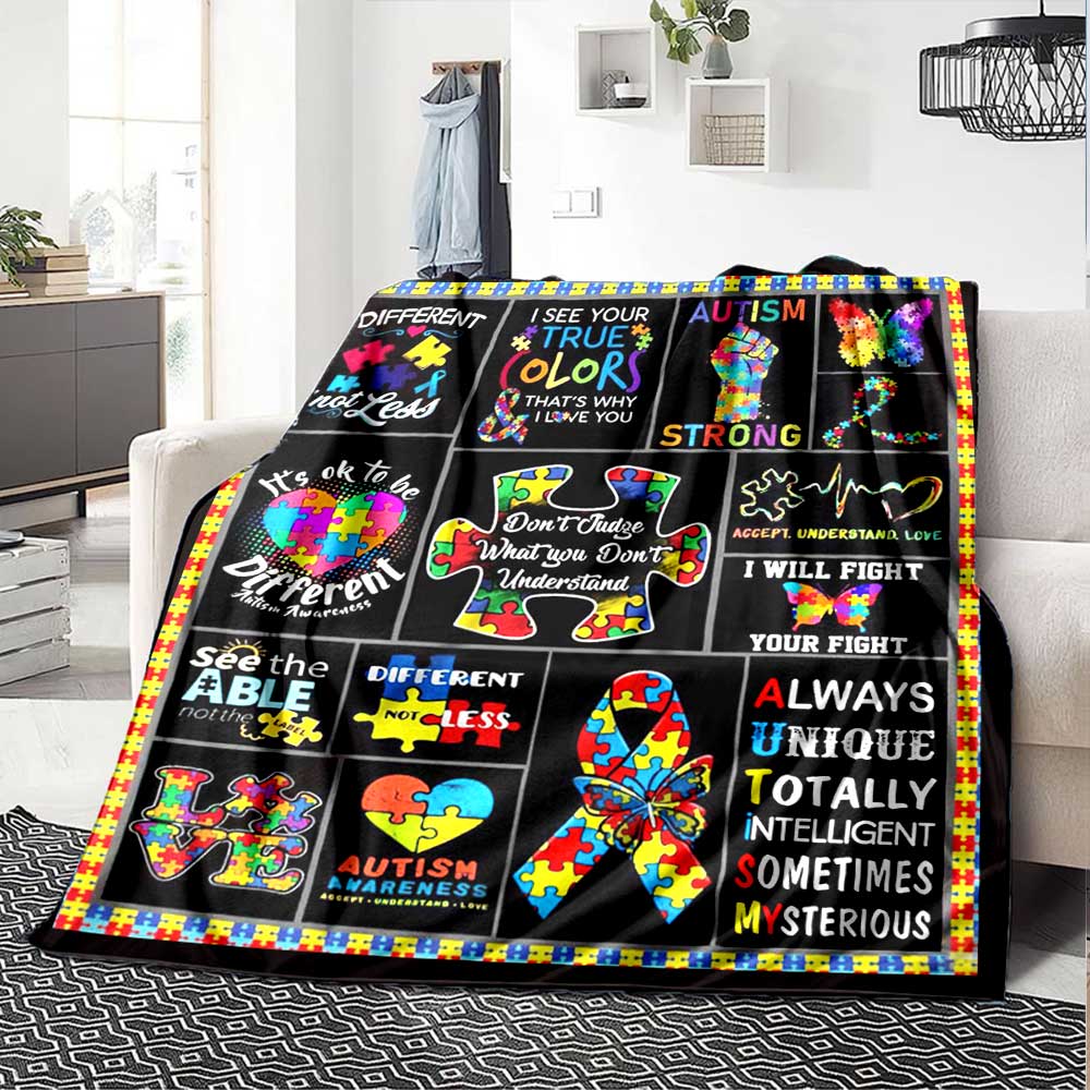 Autism Awareness Quotes Gift Blanket Ultra-Soft for Sofa Couch Office Bed Picnics Four Seasons Universal Digital Print Ideal Picnic Accessory Y47