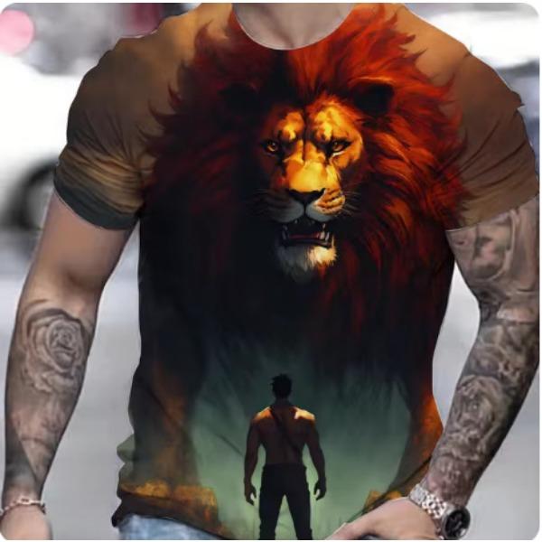 Summer Casual Men's Clothing Oversized Loose Lion Pattern Printed Short Sleeved Round Neck Fitness T-shirts