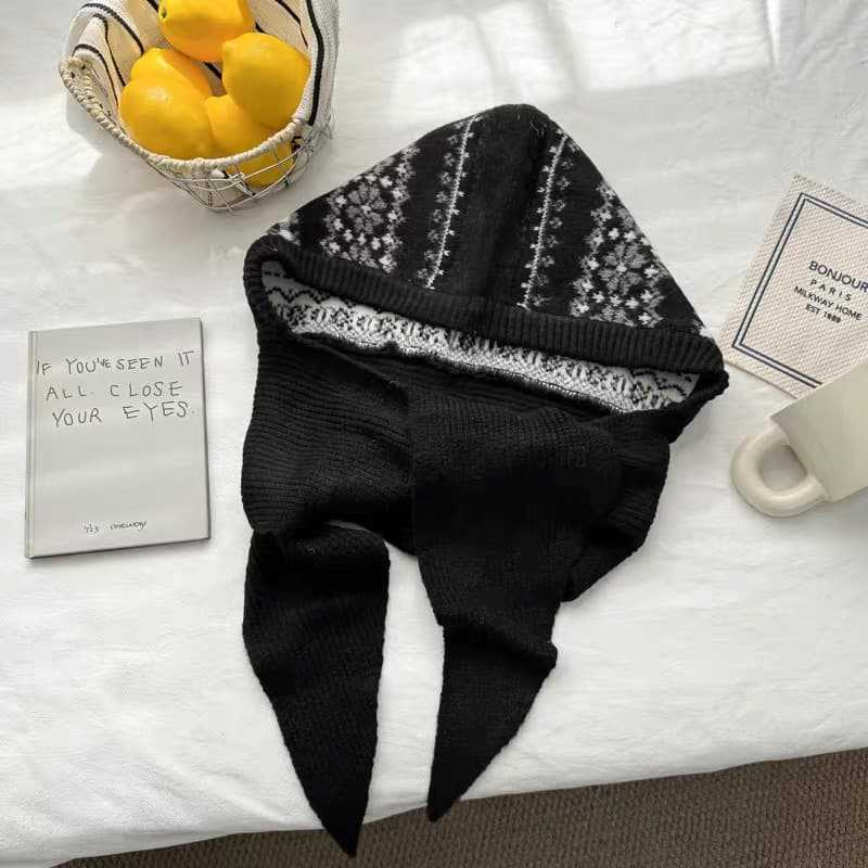 Vintage Fair Island Jacquard Knitted Hooded Scarf Women's Autumn and Winter Ribbon Baotou Ear Cap Integrated Thermal Cap