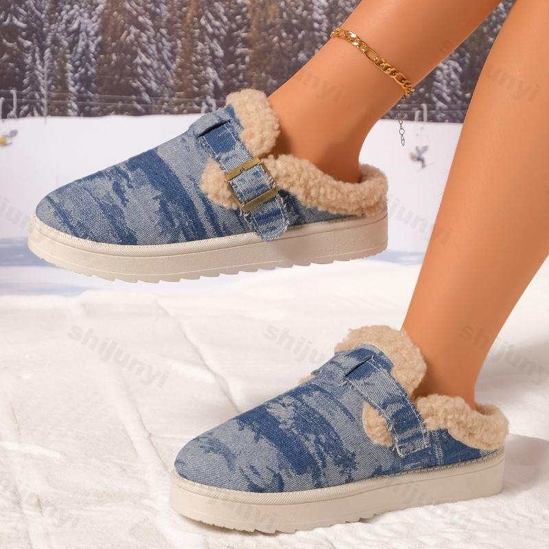 Fashion Large Size Women's Shoes 2025 Winter New Fashion Buckle Strap Plush Casual Flats Comfortable Thicken Warm Non Slip Cotton Shoes