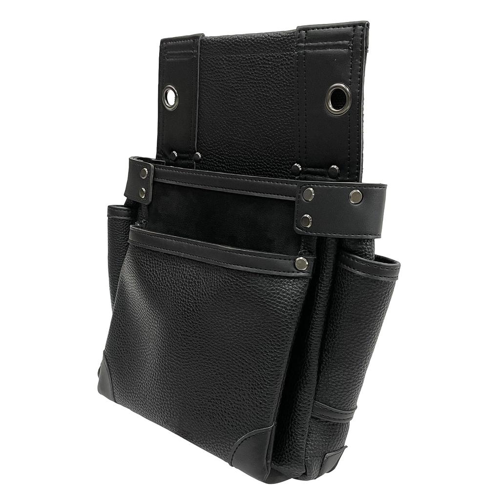 SK11 Black Nail Bag, 2-Tier, Swing Pocket Design, Reinforced Bottom, Leather-Like Fabric, Black Plated Hardware, SSL-NB-11