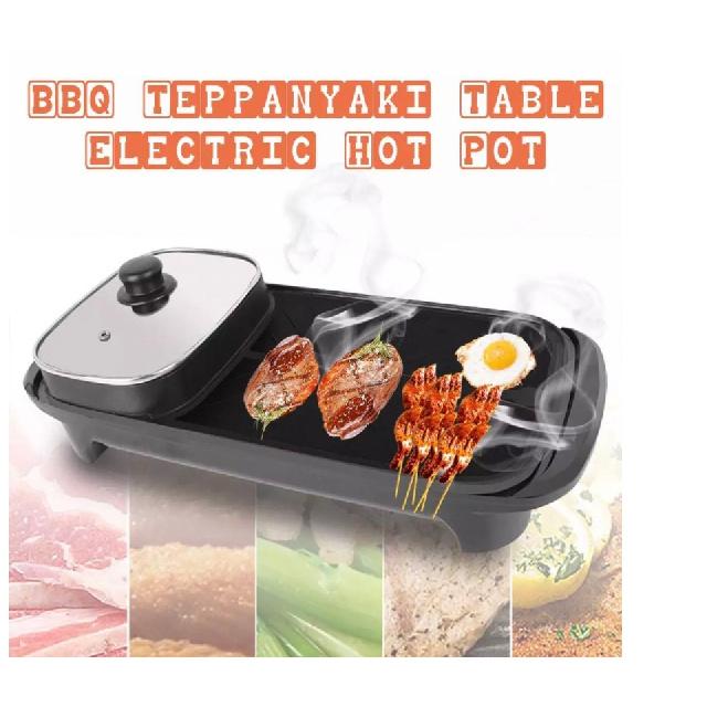 Korean Style 2 in 1 Electric Multi Cooker Barbecue Pan Hot Pot Cooker Electric Smokeless Barbecue BBQ Grill Non-Stick Coating Hotpot Roasting Baking
