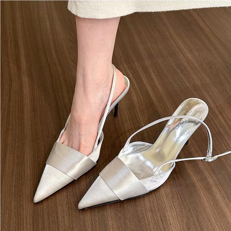 Pink Silver Satin Silk Slingback Shoes Woman Elegant Point Toe Platband Design  Pumps Ladies High Heel Evening Party Sandals