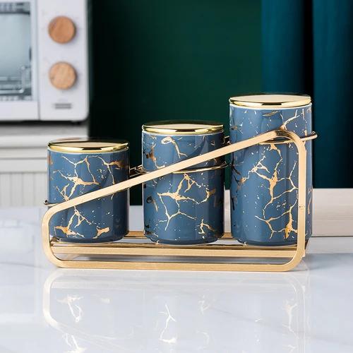 3 PCS Ceramic Airtight Jar Kitchen Canister Sets Cereal Dispenser Spice Organizer Rack Jars with Lid Food Storage Containers