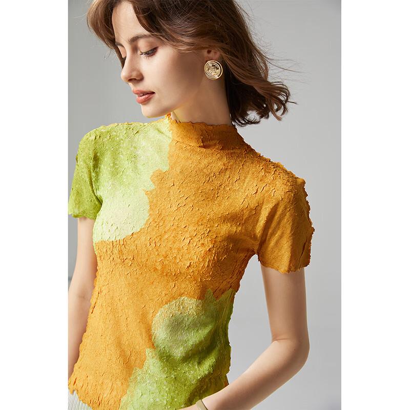 Women s Light Luxury Pleated Print Stand Collar T-Shirt L
