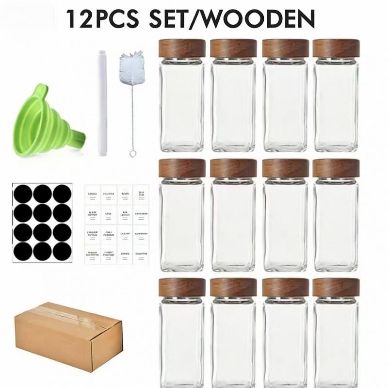 120ml Acacia Wood & Glass Seasoning Jars - 4oz, Square, Set of 24 for Pepper & Spices