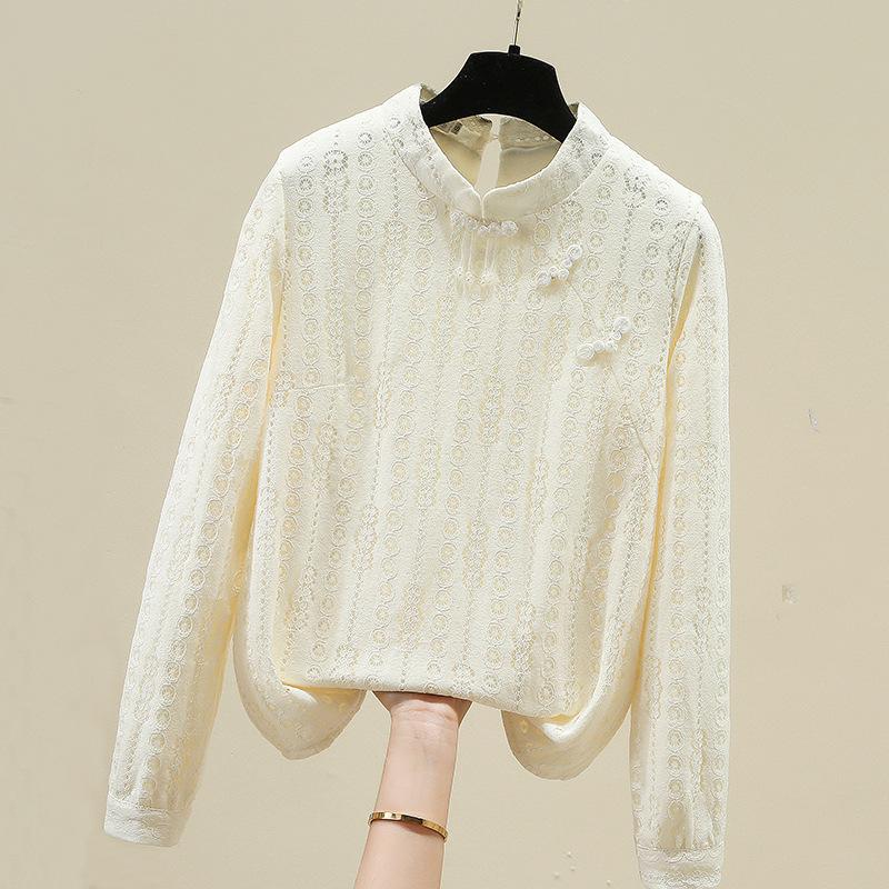 Chinese Style Plus Velvet Lace Base Blouse for Women Latest Chinese Stand-up Collar Button Top Chic Small Blouse
