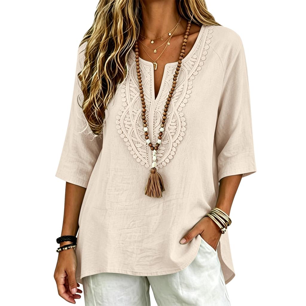 Women Boho Lace Patch Blouse V Neck Tassel Split 3/4 Sleeve Loose Casual Tunic Tops for Spring Summer