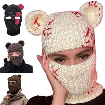 Multiple Color Adult Balaclava Elastic Windproof Neck Protect Hat with Cute Bear Ear Decor Winter Cycling Skiing Hat