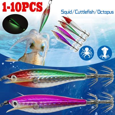 1-10pcs Luminous Squid Fishing Bait 7.5cm Wood Shrimp Octopus Fishing Bait Glow In Dark Artificial Squid Jig Hook Fishing Lures