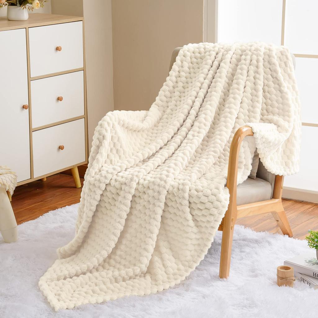 Faux Rabbit Plush Blanket Thick Soft Nap Throw Quilt Double Layer Grid Pattern for Students Home Bed