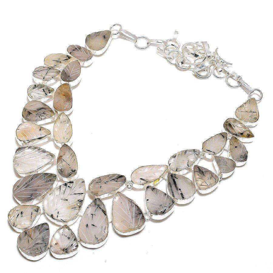 Black Rutile Gemstone Handmade 925 Sterling Silver Jewelry Necklace 18" SU-9753