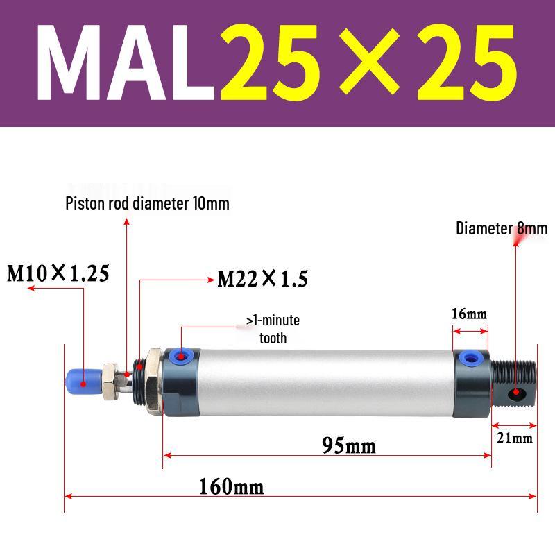 Mini Aluminum Alloy Pneumatic Cylinder - Round, Sizes 16/20/25/32/40 x 25/50/75/100/200