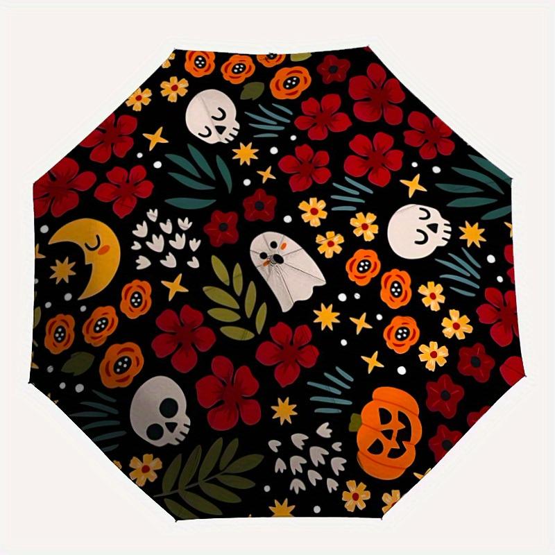 

1pc Halloween Floral Automatic Folding Umbrella, 8-Rib Sturdy Canopy, Portable Travel Umbrella for Outdoor Use