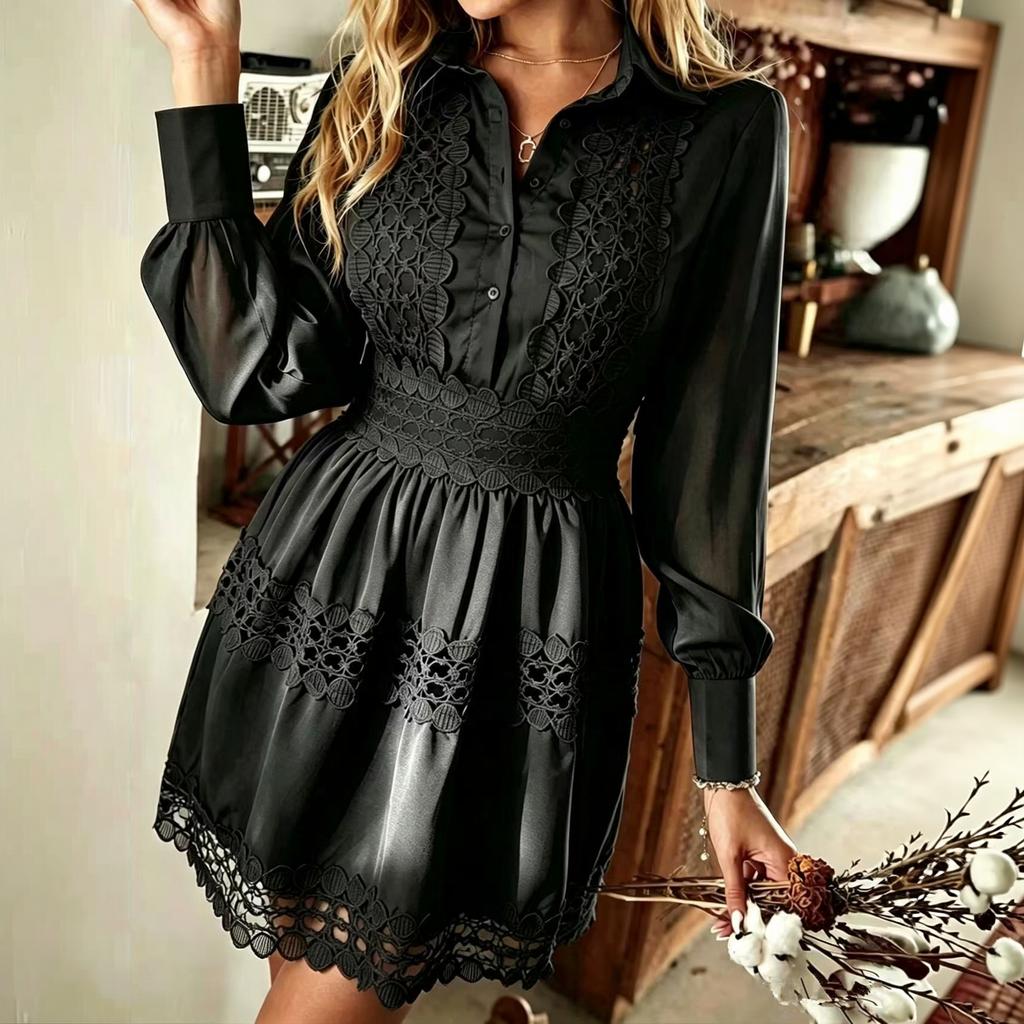Women's Color Long Sleeve Shirt Dress with Waist-Cinching Lace Trim, Wrinkle-Free for Business Casual Wear