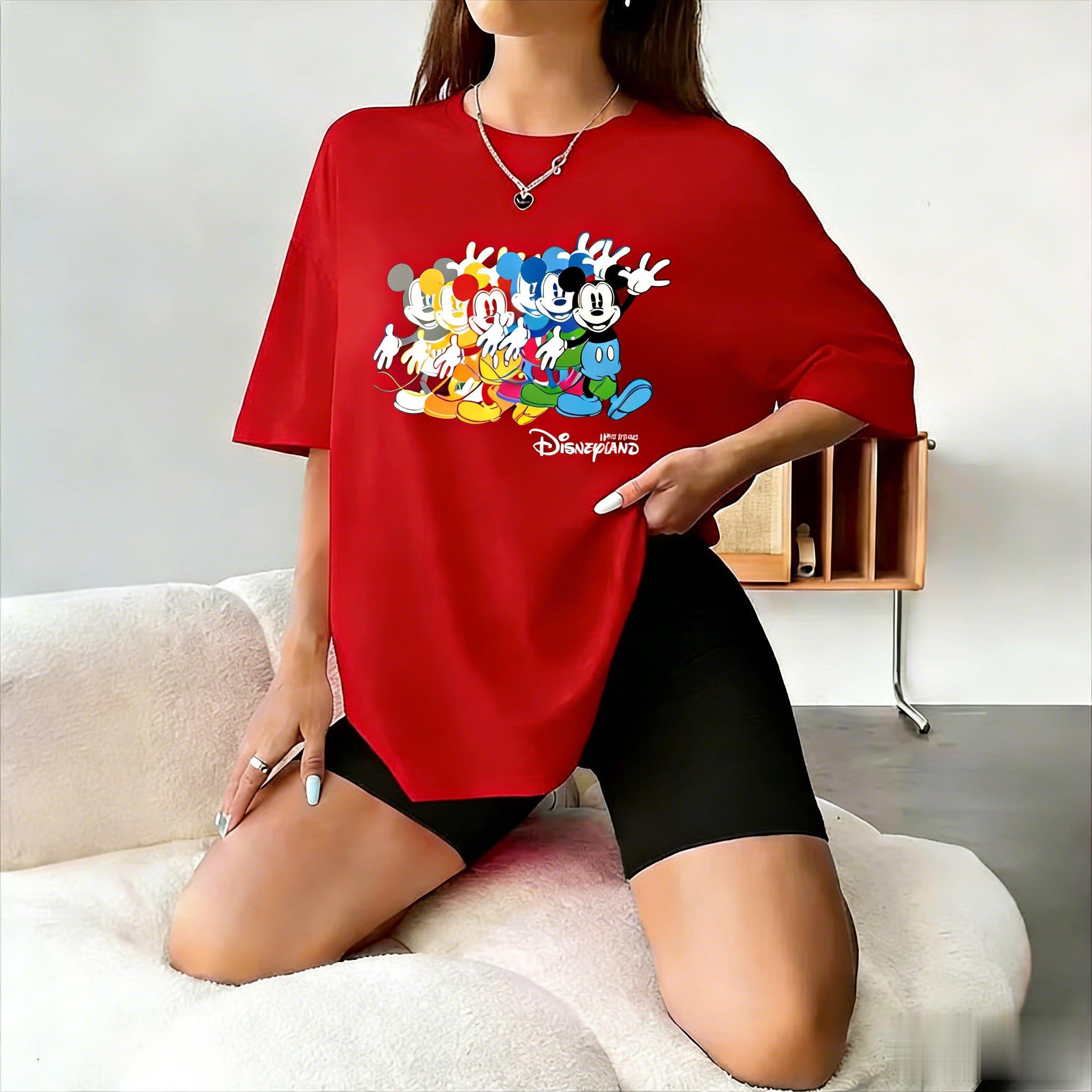 Дисней Микки Футболка Женская Мужская Хлопок Короткий Рукав Футболка Винтаж Цветной Принт Оверсайз Уличная Одежда Повседневные Летние Топы 2026 Y2k S