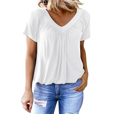 Summer Women's New V-neck Pleated Loose Short Sleeved Cotton T-shirt