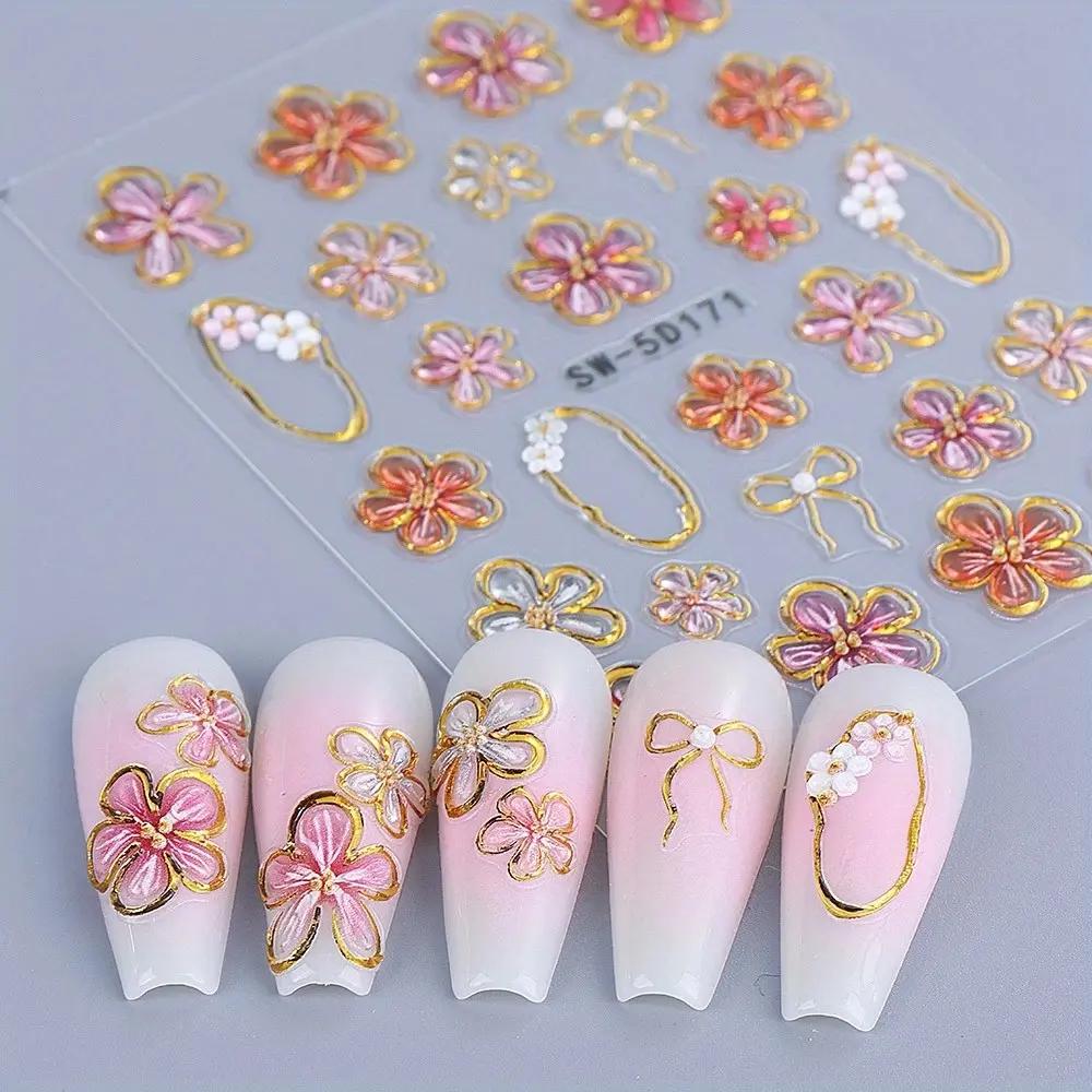 2Pcs 3D Gold Leaf Floral Nail Art Stickers, Adhesive Decorative Nail Decals for Elegant Manicure